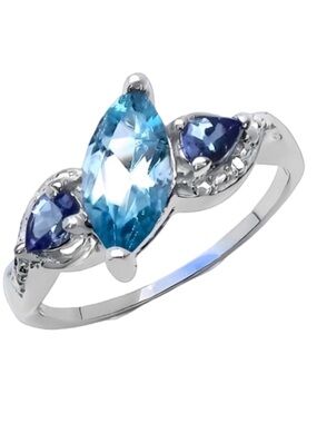 Topaz Tanzanite Ring Marquise Pear Cut Rhodium Sterling Silver Sky Blue W 7 NWT